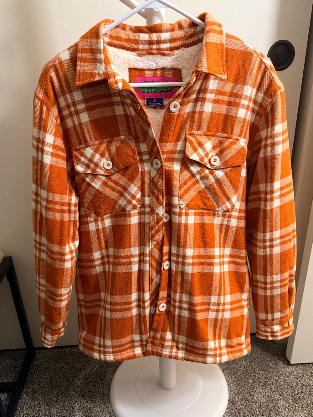 Orange Plaid Sherpa-Lined Button-Up Jacket